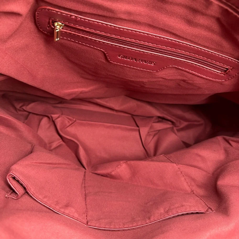 GILDA PARIS | Quilted Tote Large Tote Bag Wine Red with Gold Hardware NWT